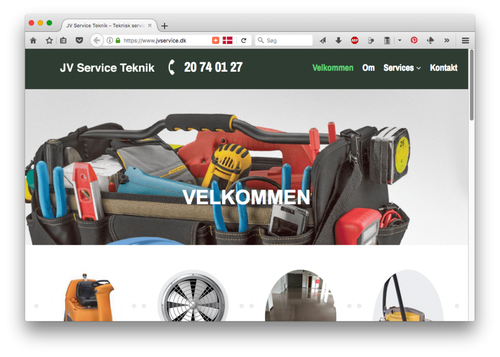 Skærmbillede af JV Service website på en computer.